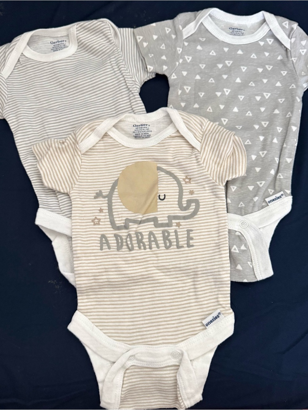 Gerber Beige & Gray Baby One-Piece Bodysuit Set - Elephant Accent